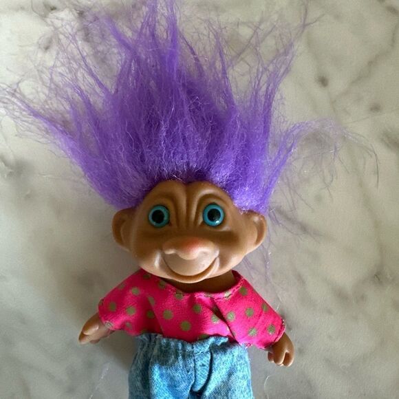 Vtg Russ Troll Doll Purple Hair, BlueEyes, acid wash shorts & neon top  3” - Picture 2 of 8